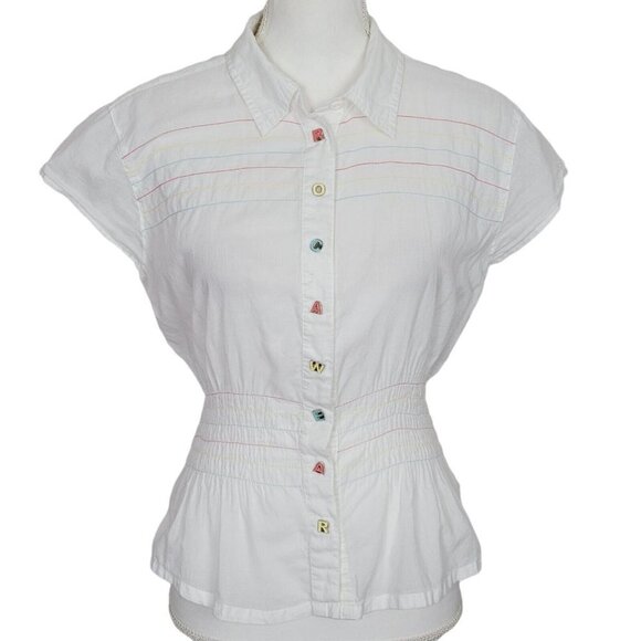 Vintage ROCAWEAR Sheer White Peplum Top Sz XL Spellout Buttons Stripes Ruched - Picture 1 of 7